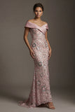 Sparkly Pink Off the Shoulder Mermaid Beaded Long Mother of the Bride Dress