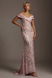 Sparkly Pink Off the Shoulder Mermaid Beaded Long Mother of the Bride Dress