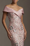 Sparkly Pink Off the Shoulder Mermaid Beaded Long Mother of the Bride Dress