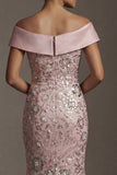 Sparkly Pink Off the Shoulder Mermaid Beaded Long Mother of the Bride Dress