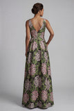 Dark Green Floral V-Neck Long A Line Mother of the Bride Dress with Slit