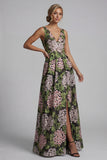 Dark Green Floral V-Neck Long A Line Mother of the Bride Dress with Slit