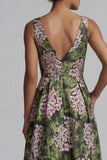 Dark Green Floral V-Neck Long A Line Mother of the Bride Dress with Slit