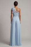 Sky Blue One Shoulder Chiffon Mother of the Bride Jumpsuits with Bow