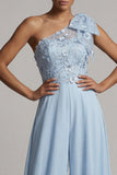 Sky Blue One Shoulder Chiffon Mother of the Bride Jumpsuits with Bow