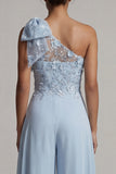 Sky Blue One Shoulder Chiffon Mother of the Bride Jumpsuits with Bow