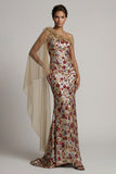 Sparkly Red Floral Mermaid Sequin Long Mother of the Bride Dress with Side Cape