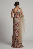 Sparkly Red Floral Mermaid Sequin Long Mother of the Bride Dress with Side Cape