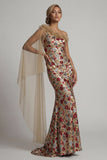 Sparkly Red Floral Mermaid Sequin Long Mother of the Bride Dress with Side Cape
