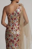 Sparkly Red Floral Mermaid Sequin Long Mother of the Bride Dress with Side Cape