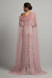 Pink Sequins Mermaid Beaded Long Mother of the Bride Dress with Cape