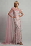 Pink Sequins Mermaid Beaded Long Mother of the Bride Dress with Cape
