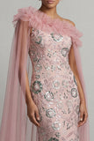 Pink Sequins Mermaid Beaded Long Mother of the Bride Dress with Cape