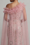 Pink Sequins Mermaid Beaded Long Mother of the Bride Dress with Cape