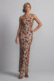 Sparkly Red One Shoulder Sheath Sequin Long Mother of the Bride Dress