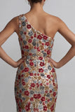 Sparkly Red One Shoulder Sheath Sequin Long Mother of the Bride Dress
