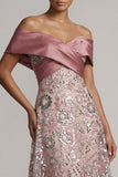 Sparkly Pink A Line Off the Shoulder Long Mother of the Bride Dress with Sequins