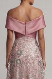 Sparkly Pink A Line Off the Shoulder Long Mother of the Bride Dress with Sequins