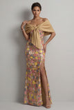 Yellow Mermaid Sequins Off The Shoulder Long Mother of the Bride Dress with Slit