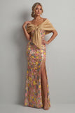 Yellow Mermaid Sequins Off The Shoulder Long Mother of the Bride Dress with Slit