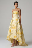 Yellow A Line Printed Spaghetti Straps High Low Floral Dress