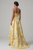 Yellow A Line Printed Spaghetti Straps High Low Floral Dress