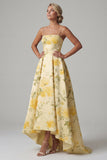 Yellow A Line Printed Spaghetti Straps High Low Floral Dress
