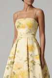 Yellow A Line Printed Spaghetti Straps High Low Floral Dress