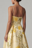 Yellow A Line Printed Spaghetti Straps High Low Floral Dress