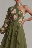 Floral Eucalyptus A Line Ruffled Chiffon Long Mother of the Bride Dress