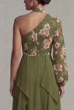 Floral Eucalyptus A Line Ruffled Chiffon Long Mother of the Bride Dress