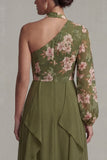 Floral Eucalyptus A Line Ruffled Chiffon Long Mother of the Bride Dress