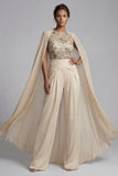 Champagne Applique Round Neck Mother of the Bride Jumpsuit with Cape