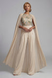 Champagne Applique Round Neck Mother of the Bride Jumpsuit with Cape