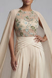 Champagne Applique Round Neck Mother of the Bride Jumpsuit with Cape