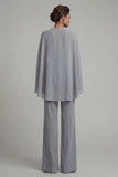 Grey Blue Halter Chiffon Long Mother of the Bride Jumpsuit with Cape
