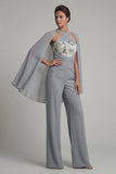 Grey Blue Halter Chiffon Long Mother of the Bride Jumpsuit with Cape