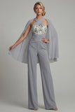 Grey Blue Halter Chiffon Long Mother of the Bride Jumpsuit with Cape