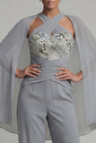 Grey Blue Halter Chiffon Long Mother of the Bride Jumpsuit with Cape