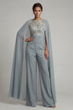 Grey Blue Chiffon Round Neck Motherof the Bride Jumpsuit with Cape