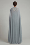 Grey Blue Chiffon Round Neck Motherof the Bride Jumpsuit with Cape