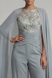 Grey Blue Chiffon Round Neck Motherof the Bride Jumpsuit with Cape