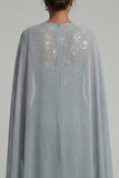 Grey Blue Chiffon Round Neck Motherof the Bride Jumpsuit with Cape