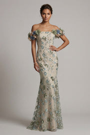 Dusty Sage Off the Shoulder Mermaid Sequin Mother of the Bride Dress with 3D Flowers
