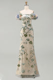 Dusty Sage Off the Shoulder Mermaid Sequin Mother of the Bride Dress with 3D Flowers