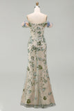 Dusty Sage Off the Shoulder Mermaid Sequin Mother of the Bride Dress with 3D Flowers