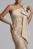 Champagne One Shoulder Mermaid Appliqued Mother of the Bride Dress