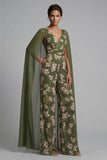 Eucalyptus Floral V-Neck Mother of the Bride Jumpsuit with Cape