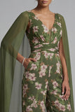 Eucalyptus Floral V-Neck Mother of the Bride Jumpsuit with Cape