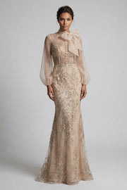Champagen Mermaid High Neck Long Mother of the Bride Dress with Bow